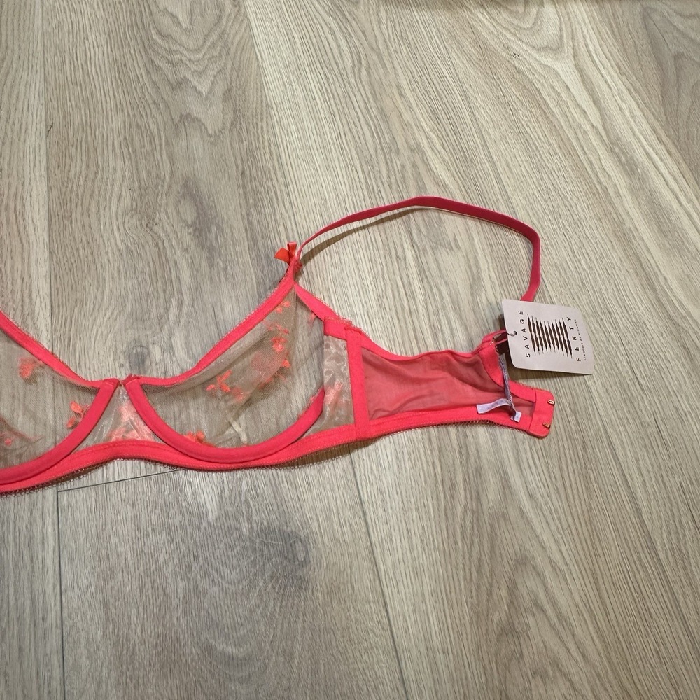 NWT Savage Fenty Foiled Sprigs Neon Hot Pink Sheer Embroidered Unlined Bra 36C - Picture 7 of 9